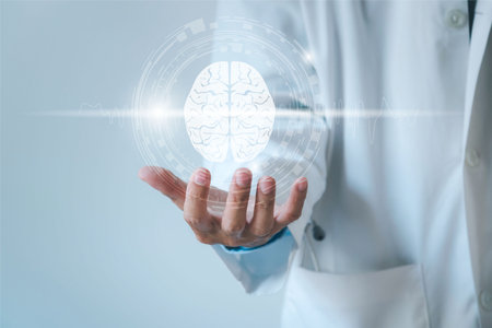 Doctor hand and brain illustration. Medical technology concept.の写真素材