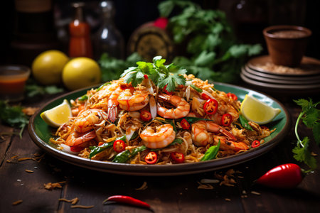 Pad thai with fresh shrimps on the wooden table background. AI generated.の素材