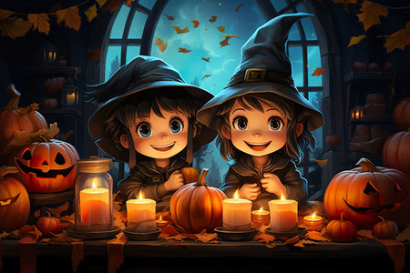 Two little girls in witch costume with pumpkins and candles on Halloween background. AI generated.の素材