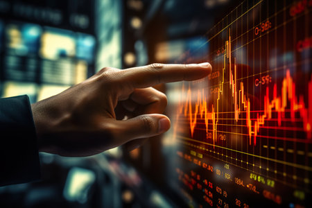 Close up of businessman touching computer screen panel with stock market graph chart. AI generated.の素材