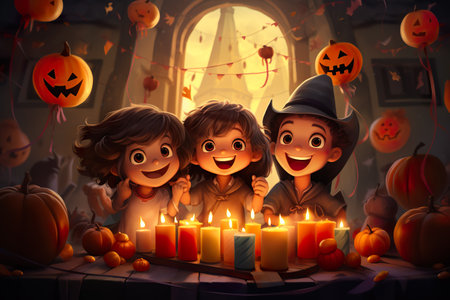 Halloween kids with pumpkins and candlestick in dark room. AI generated.の素材