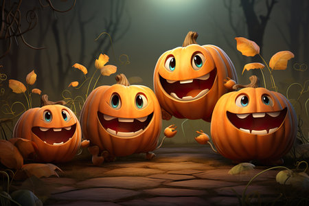 3d illustration of Halloween pumpkins with scary faces in the forest. AI generated.の素材