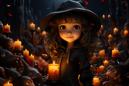 3D illustration of a little girl in a witch's hat with candles. Halloween background. AI generated.の素材