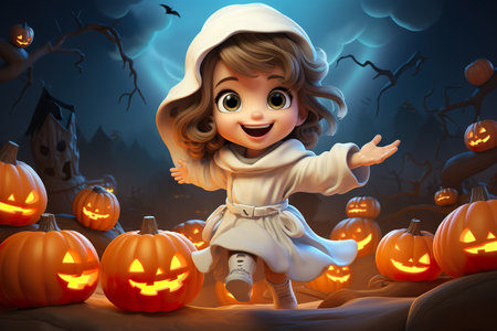 Cute girl with white witch costume in halloween background. AI generated.の素材