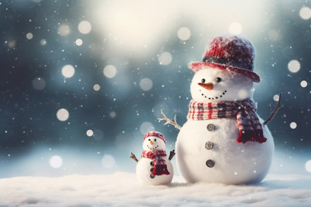 Snowman family in red hat and scarf on snow with bokeh background. AI generated.の素材