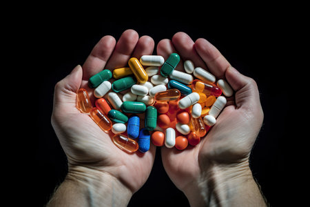 A lot of medication capsules in the hands of a man on a black background. Generative AI.の素材