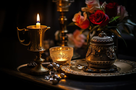 Still life with vintage candlestick, candles and roses. Generative AI.の素材