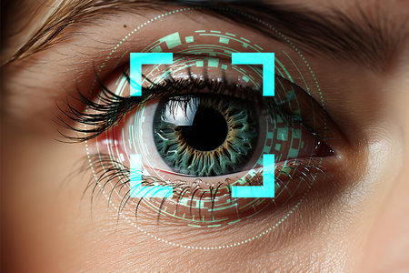 Eye scan futuristic technology background. Biometric data security concept. Generative AI.の素材