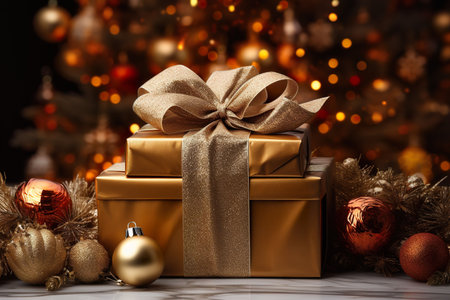 Gift box with golden bow and Christmas decorations on bokeh lights background. Generative AI.の素材