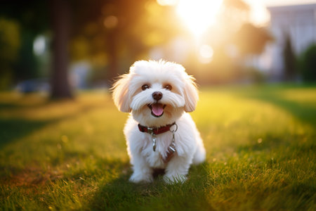 A cute shih tzu dog sitting on the grass in the park. Generative AI.の素材