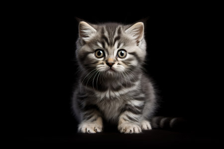 A cute young cat sitting on black background. Generative AI.の素材