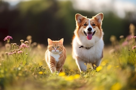 Corgi dog and cat walking in the summer meadow. Generative AI.の素材