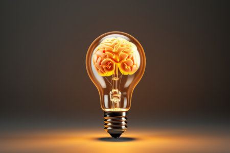Concept of creative idea. Lightbulb and brain inside. Generative AI.の素材