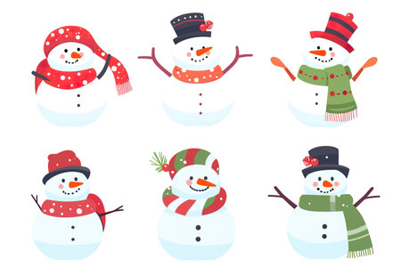 Illustration set of cute snowman on white background. Generative AI.の素材