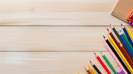 Knolling of stationary supplies on wooden background. Generative AI.の素材