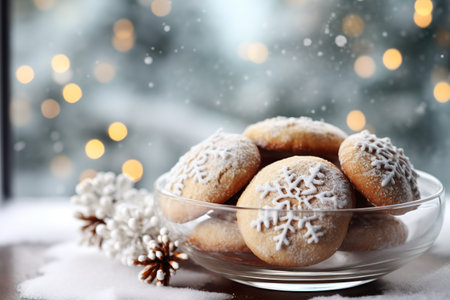 Tasty cookies with snow in glass bowl on wooden table near window. Generative AI.の素材