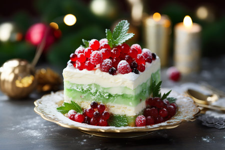 Christmas cake with berries on a dark background. Generative AI.の素材
