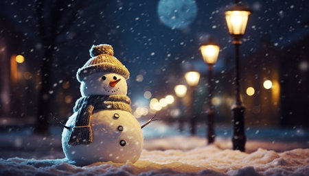 Snowman standing alone on the street at night. Christmas and New Year concept. Generative AI.の素材