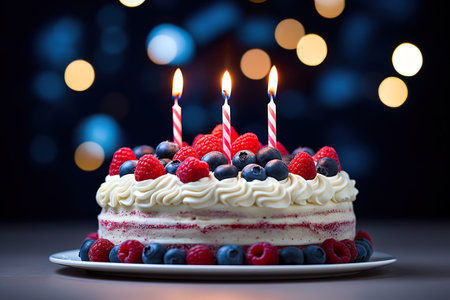 Birthday white cake with burning candles and berries on table at home. Generative AI.の素材