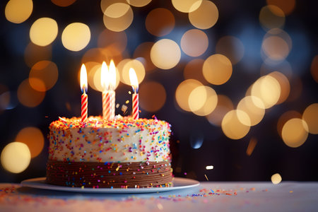 Birthday chocholate cake with decorations and burning candles on bokeh background. Generative AI.の素材