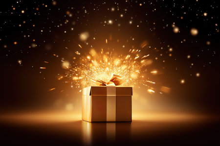 Glowing gift box with golden lights and sparkles on dark background. Generative AI.の素材