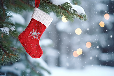 Red Christmas sock on the background of a snowy fir-tree. Generative AI.の素材