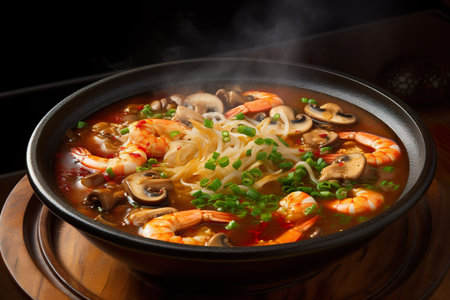 A fragrant steaming bowl of Tom Yum soup, filled with shrimp, mushrooms, lemon grass, and chili, topped with a sprinkle of chopped green onions. Generative AI.の素材