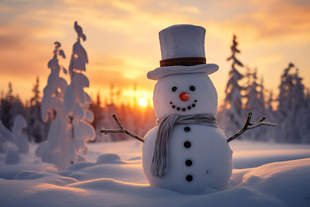 Cute snowman on the sunset and snow background. Merry christmas. Generative AI.の素材