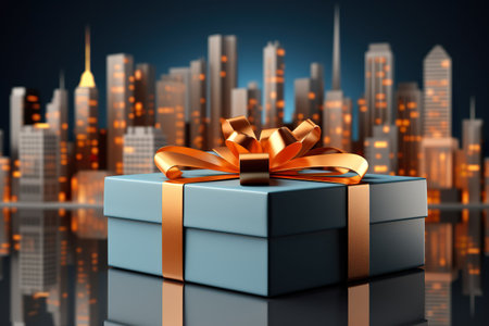Blue gift box and modern city and lighting background. Generative AI.の素材