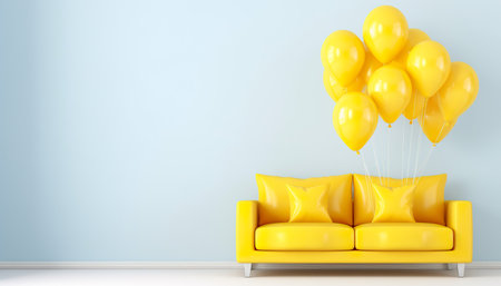 Yellow sofa with yellow balloons in the living room. Generative AI.の素材