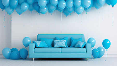 Blue sofa with blue balloons in the living room. Generative AI.の素材