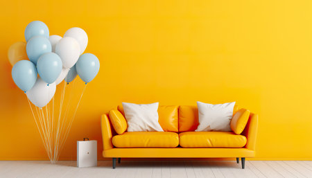 Interior of living room with yellow wall, sofa and balloons. Generative AI.の素材