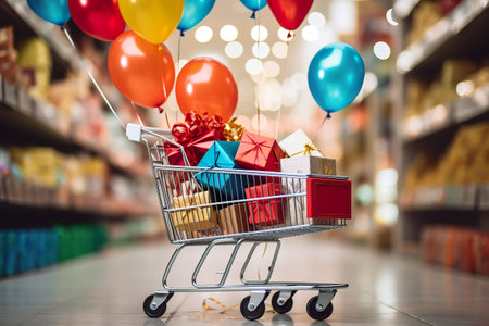 Shopping cart with gift boxes and balloons on blurred background of supermarket. Generative AI.の素材