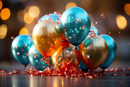 Colorful balloons with confetti and ribbons on bokeh background. Generative AI.の素材
