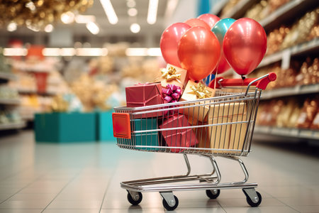 Shopping cart with gift boxes and balloons on blurred background of supermarket. Generative AI.の素材