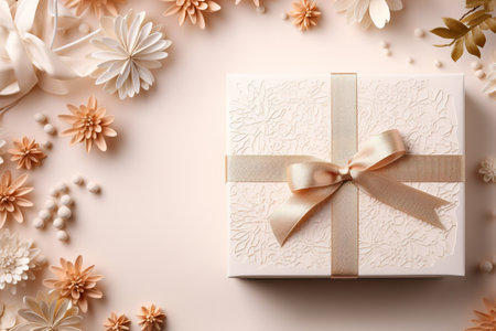 Gift box with ribbon and flowers on beige background, top view. Generative AI.の素材
