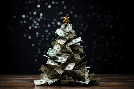 Christmas tree made of money on a wooden table and a black background. Generative AI.の素材