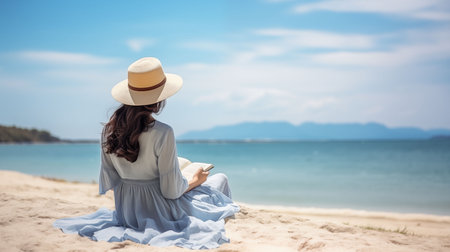 Young woman wearing hat sitting on the beach and reading a book on blue sky background. Travel and holiday concept. Generative AI.の素材