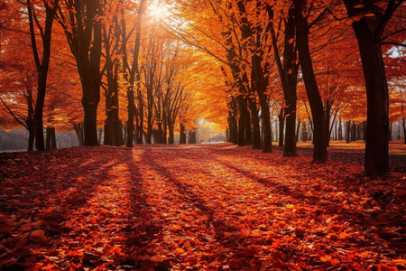 Beautiful scene of autumn leaves and sunlight. Generative AI.の素材