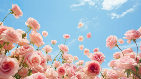 Many pink roses in blue sky background. Generative AI.の素材