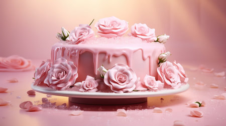A delicious pink cake and pink roses decoration on the table. Generative AI.の素材