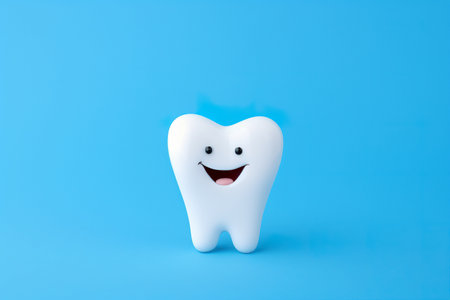 Cute cartoon design of tooth smiling on blue background. Generative AI.の素材