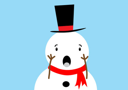 Cute snowman covered his cheeks with his hands, looking startled on blue background. Vector illustration.のイラスト素材