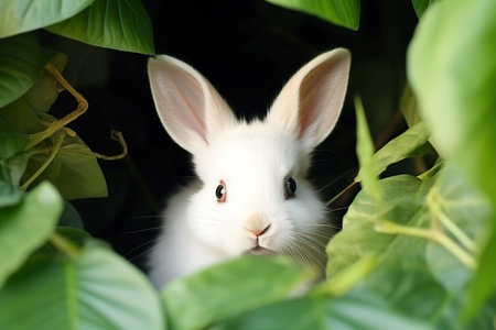 A cute white rabbit hiding in the bushes. Generative AI.の素材