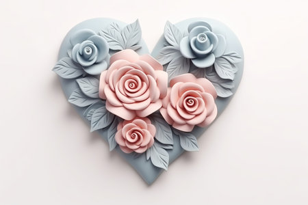 3D illustration of heart and rose in pastel color on white background. Generative AI.の素材