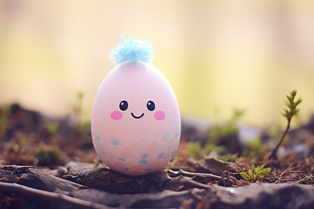 Pink easter egg with a smiley face in the garden. Generative AI.の素材