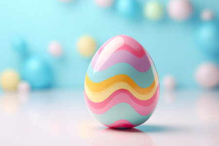 3D illustration colorful easter egg on a blue background. Generative AI.の素材