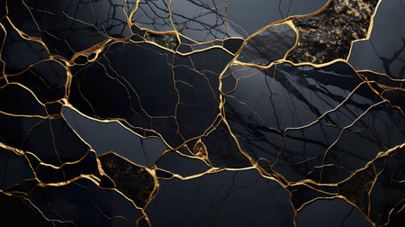 Black kintsugi marble texture and golden lines background. Generative AI.の素材