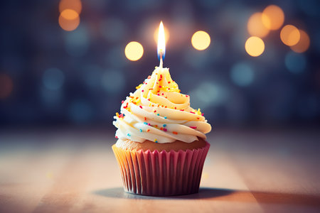 A delicious birthday cupcake and candle light on blurred background. Generative AI.の素材