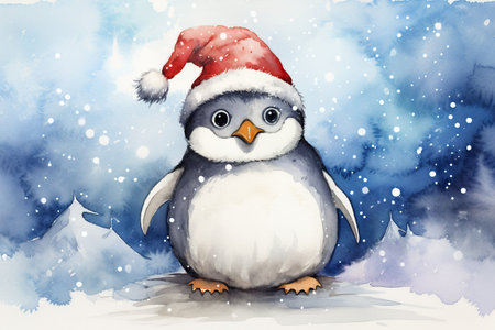 Watercolor illustration of a giggling cute smiling penguin wearing santa hat. Generative AI.の素材